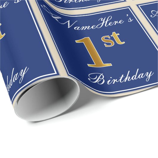 Elegant, blauw, Faux Gold 1st Birthday; aangepaste Cadeaupapier (Rol Hoek)