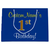 Elegant, blauw, Faux Gold 1st Birthday; aangepaste Groot Cadeauzakje (Voorkant)