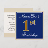 Elegant, blauw, Faux Gold 1st Birthday; aangepaste Kaart (Voorkant / Achterkant)