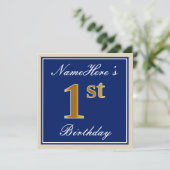 Elegant, blauw, Faux Gold 1st Birthday; aangepaste Kaart (Staand voorkant)