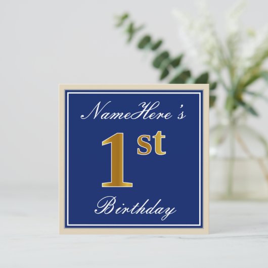 Elegant, blauw, Faux Gold 1st Birthday; aangepaste Kaart (Staand voorkant)