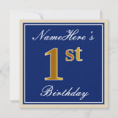 Elegant, blauw, Faux Gold 1st Birthday; aangepaste Kaart (Voorkant)