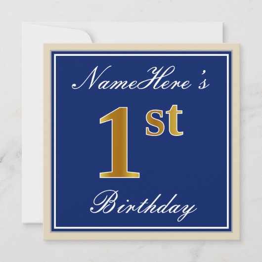 Elegant, blauw, Faux Gold 1st Birthday; aangepaste Kaart (Voorkant)