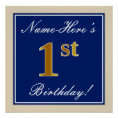 Elegant, blauw, Faux Gold 1st Birthday; aangepaste Perfect Poster (Voorkant)