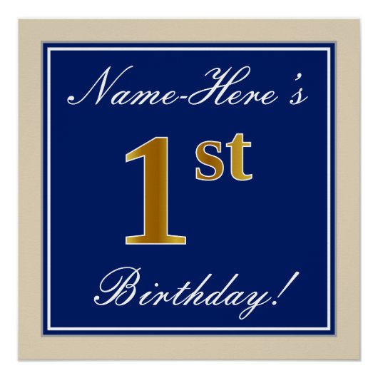 Elegant, blauw, Faux Gold 1st Birthday; aangepaste Perfect Poster (Voorkant)