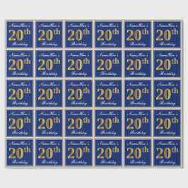 Elegant, blauw, Faux Gold 20th Birthday + naam Cadeaupapier