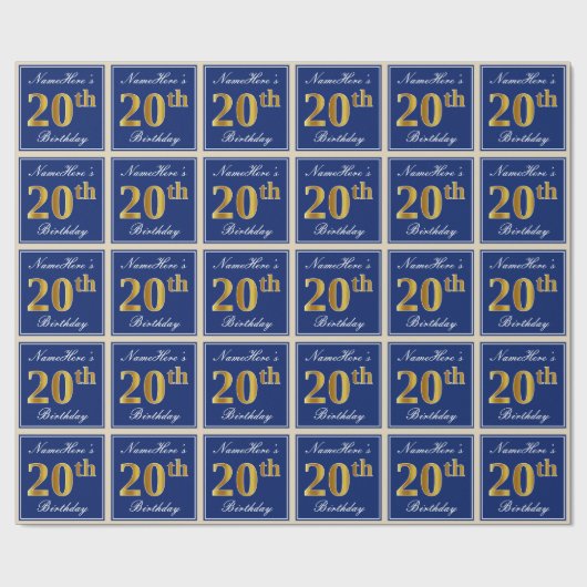 Elegant, blauw, Faux Gold 20th Birthday + naam Cadeaupapier (Vlak)
