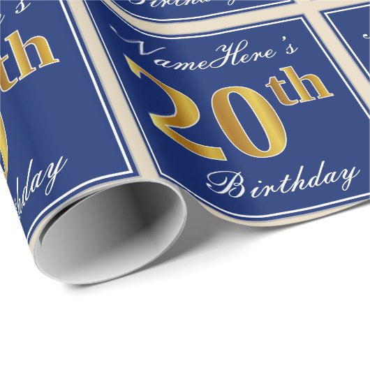 Elegant, blauw, Faux Gold 20th Birthday + naam Cadeaupapier (Rol Hoek)
