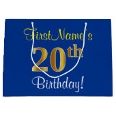 Elegant, blauw, Faux Gold 20th Birthday + naam Large Cadeautasje (Voorkant)