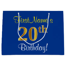 Elegant, blauw, Faux Gold 20th Birthday + naam Large Cadeautasje