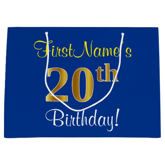 Elegant, blauw, Faux Gold 20th Birthday + naam Large Cadeautasje (Voorkant)