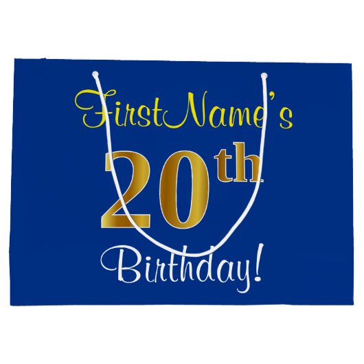 Elegant, blauw, Faux Gold 20th Birthday + naam Large Cadeautasje (Achterkant)