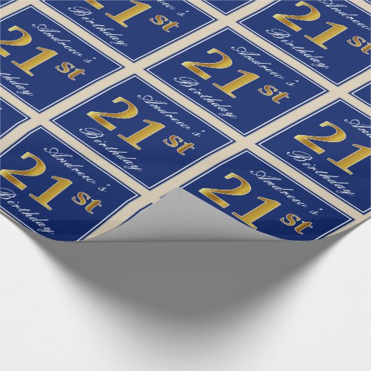 Elegant, Blauw, Faux Gold 21ste verjaardag + Naam Cadeaupapier (Hoek)