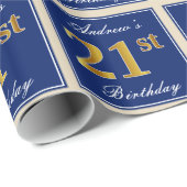 Elegant, Blauw, Faux Gold 21ste verjaardag + Naam Cadeaupapier (Rol Hoek)