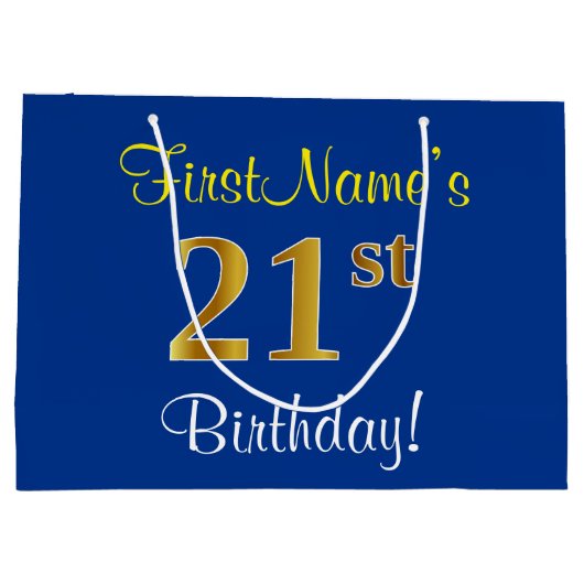 Elegant, Blauw, Faux Gold 21ste verjaardag + Naam Groot Cadeauzakje (Achterkant)