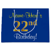 Elegant, blauw, Faux Gold 22e verjaardag + naam Groot Cadeauzakje (Voorkant)