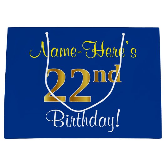 Elegant, blauw, Faux Gold 22e verjaardag + naam Groot Cadeauzakje (Voorkant)