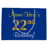Elegant, blauw, Faux Gold 22e verjaardag + naam Groot Cadeauzakje (Achterkant)
