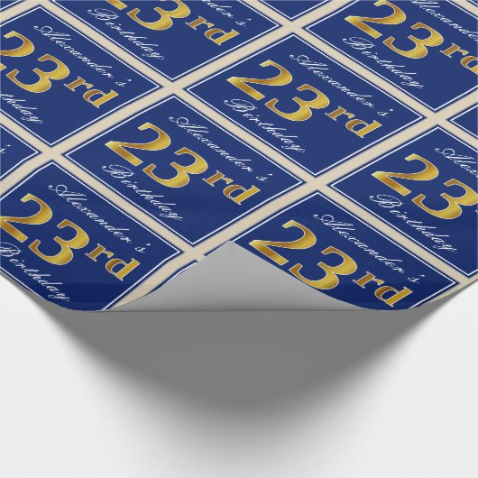 Elegant, blauw, Faux Gold 23rd Birthday + naam Cadeaupapier (Hoek)