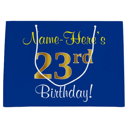 Elegant, blauw, Faux Gold 23rd Birthday + naam Groot Cadeauzakje (Voorkant)