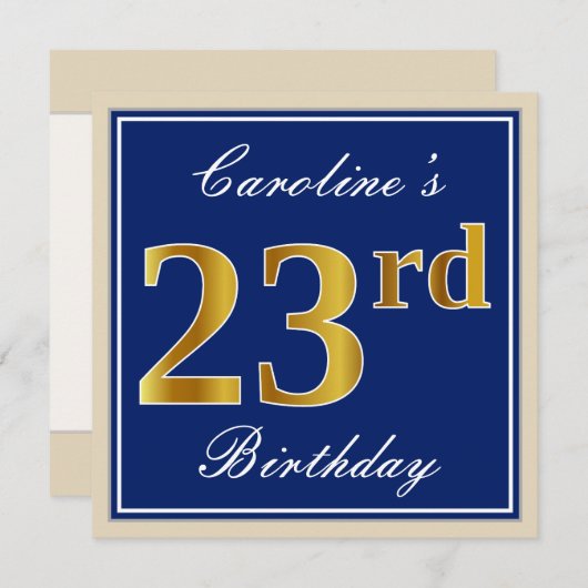 Elegant, blauw, Faux Gold 23rd Birthday + naam Kaart (Voorkant / Achterkant)