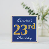 Elegant, blauw, Faux Gold 23rd Birthday + naam Kaart (Staand voorkant)