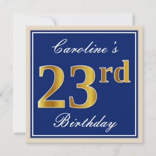 Elegant, blauw, Faux Gold 23rd Birthday + naam Kaart