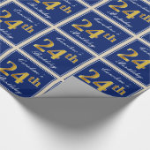 Elegant, blauw, Faux Gold 24th Birthday + naam Cadeaupapier (Hoek)