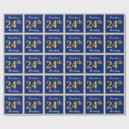 Elegant, blauw, Faux Gold 24th Birthday + naam Cadeaupapier