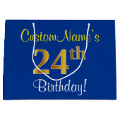 Elegant, blauw, Faux Gold 24th Birthday + naam Groot Cadeauzakje (Voorkant)