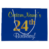 Elegant, blauw, Faux Gold 24th Birthday + naam Groot Cadeauzakje (Achterkant)