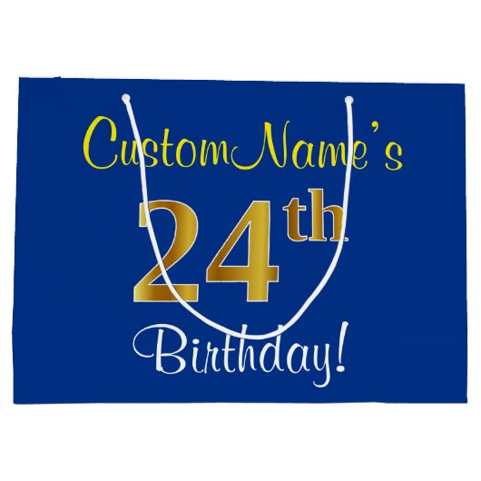 Elegant, blauw, Faux Gold 24th Birthday + naam Groot Cadeauzakje (Achterkant)
