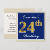 Elegant, blauw, Faux Gold 24th Birthday + naam Kaart (Voorkant / Achterkant)
