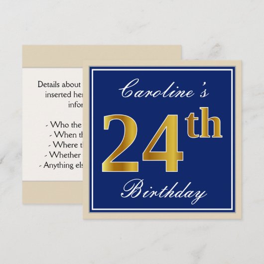 Elegant, blauw, Faux Gold 24th Birthday + naam Kaart (Voorkant / Achterkant)