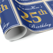 Elegant, blauw, Faux Gold 25th Birthday + naam Cadeaupapier (Rol Hoek)