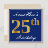 Elegant, blauw, Faux Gold 25th Birthday + naam Kaart (Voorkant / Achterkant)