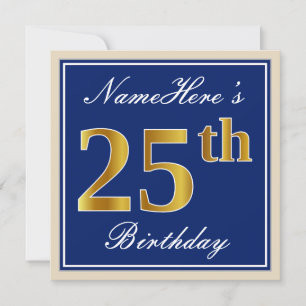 Elegant, blauw, Faux Gold 25th Birthday + naam Kaart