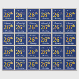 Elegant, blauw, Faux Gold 26th Birthday + naam Cadeaupapier