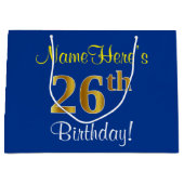 Elegant, blauw, Faux Gold 26th Birthday + naam Groot Cadeauzakje (Voorkant)