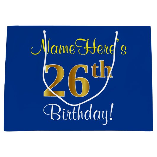 Elegant, blauw, Faux Gold 26th Birthday + naam Groot Cadeauzakje (Voorkant)