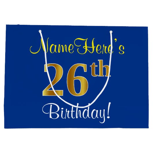 Elegant, blauw, Faux Gold 26th Birthday + naam Groot Cadeauzakje (Achterkant)