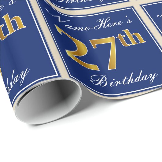 Elegant, blauw, Faux Gold 27th Birthday + naam Cadeaupapier (Rol Hoek)