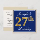 Elegant, blauw, Faux Gold 27th Birthday + naam Kaart (Voorkant / Achterkant)