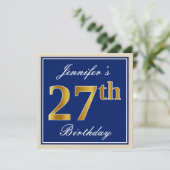 Elegant, blauw, Faux Gold 27th Birthday + naam Kaart (Staand voorkant)