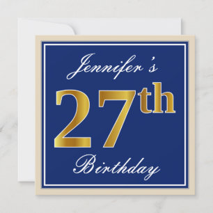 Elegant, blauw, Faux Gold 27th Birthday + naam Kaart