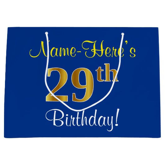 Elegant, blauw, Faux Gold 29th Birthday + naam Groot Cadeauzakje (Voorkant)