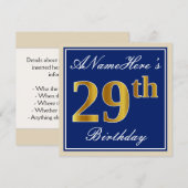 Elegant, blauw, Faux Gold 29th Birthday + naam Kaart (Voorkant / Achterkant)