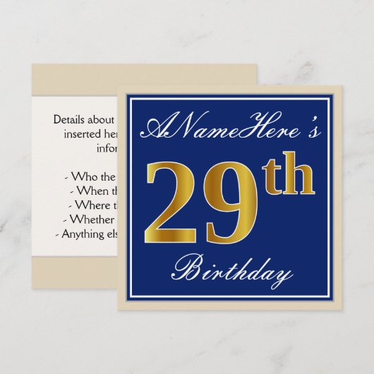 Elegant, blauw, Faux Gold 29th Birthday + naam Kaart (Voorkant / Achterkant)