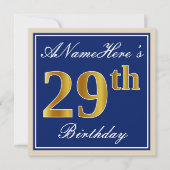 Elegant, blauw, Faux Gold 29th Birthday + naam Kaart (Voorkant)