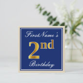 Elegant, blauw, Faux Gold 2e verjaardag; aangepast Kaart (Staand voorkant)